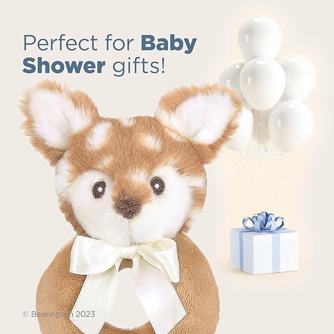 Bearington Collection Baby Lil’ Willow, 5.5 Inch Fawn Plush Stuffed Animal, Soft Baby Rattles and Plush Rings - Newborn Toys
