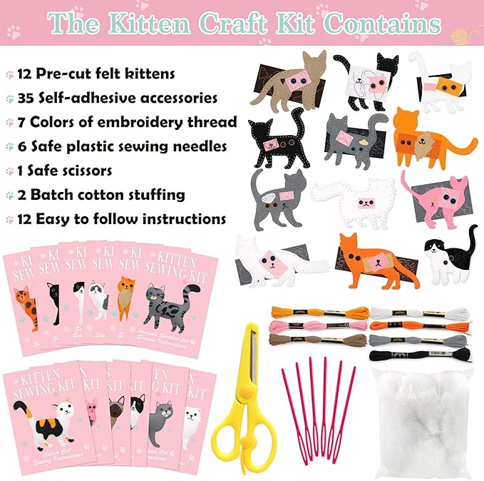 CiyvoLyeen Kitten Craft Kit Kids DIY Crafting and Sewing Set Kitty Cat Stuffed Animal Felt Plushies for Girls and Boys Educational Beginners Sewing Gift Ideas