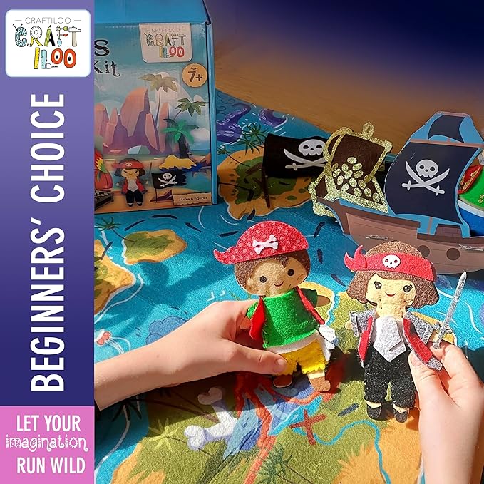 CRAFTILOO Pirates Pre-Cut Fun Kids Sewing Kit for Kids Ages 8-12 Children Beginners Sewing kit Kid Crafts Make Your Own Felt Pillow Plush Craft Kit Girls and Boys Art Craft Kits Learn to Sew Kit