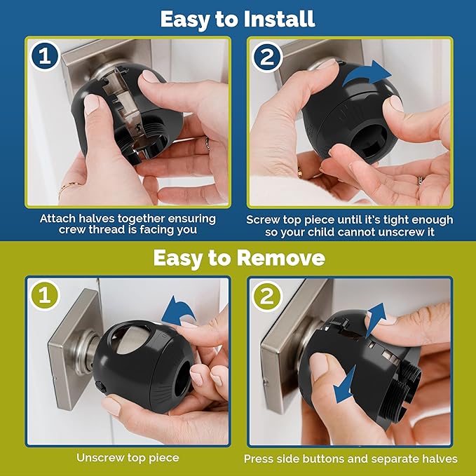 Child Safety Door Knob Cover (4 Pack) Hard-to-Remove Dual-Lock Door Handle Covers for Kids - Reusable Baby Proof Door Knob Locks - Installs Easily, No Tools Needed (Black)