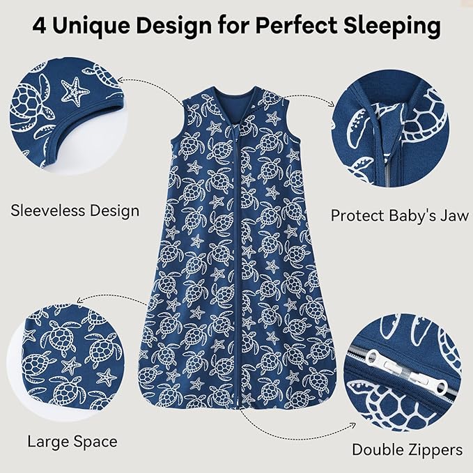 Baby Sleep Sack 6-12 Months 0.5 Tog Wearable Blanket Baby, 3 Pack 100% Cotton Lightweight Sleeping Sack with 2-Way Zipper for Newborn Infant Shark