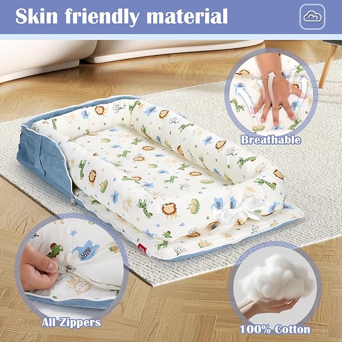 Baby Lounger for Newborn Portable Bag,Baby Nest Play Gym mat with Strap,Newborn Lounger Adjustable Size & Inner Zipper Lengthen Space to 24 Months,Animal World Blue