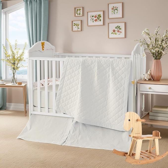 Brandream White Crib Bedding Set 3 Pieces Baby Nursery Collection - Quilt,Crib Sheet,Dust Ruffle-100% Washed Cotton Like Linen Supersoft Classic Quilted Plaid Off White Cream