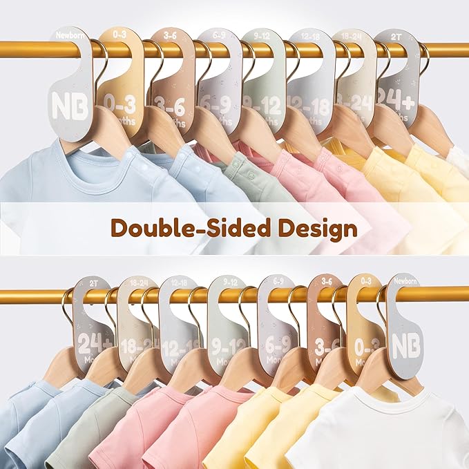 Baby Closet Dividers for Clothes Organizer - Set of 8 Adorable Wooden Double-Sided Baby Clothes Size Hanger Organizer from Newborn to 24+ Months for Nursery Beautiful Minimalist Decor