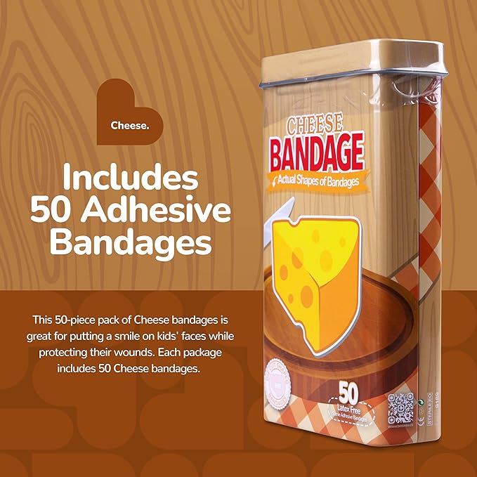 BioSwiss Bandages, Cheese Shaped Self Adhesive Bandage, Latex Free Wound Care, Fun First Aid Kit Supplies for Kids and Adults, 50 Count