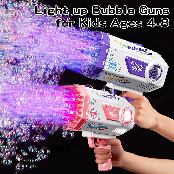 Bubble Gun, Upgraded 125 Holes Bubble Guns for Wedding, Pink Bubble Machine for Kids Age 3 4 5 6 7 8 9 10 11 12 Year Old, Big Bubble Blower Gun with Lights, Halloween Outdoor Party Favors