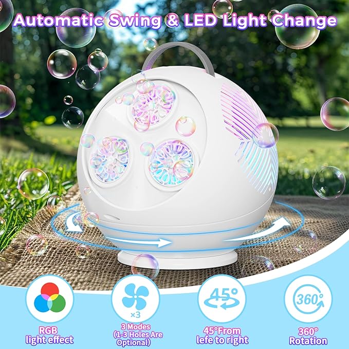 Bubble Machine Automatic Bubble Blower for Kids Toddlers Rechargeable Portable Spherical LED Bubble Maker Electric Auto Rotating 45°/360° Outdoor Toy Birthday Party Wedding (Spherical White)