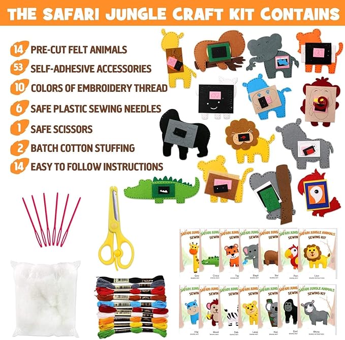 CiyvoLyeen Safari Jungle Animals Sewing Craft Kit DIY Kids Craft and Sew Set for 7 8 9 10 11 12Girls and Boys Educational Beginners Sewing Stuffed Animal Felt Plush Ornaments Set of 14