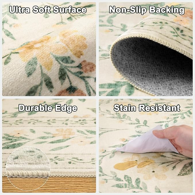 6x9 Area Rugs for Living Room: Floral Washable Rug Vintage Large Soft Boho Non-Slip Carpet Indoor Stain Resistant Thin Carpets for Bedroom Dining Room Farmhouse Nursery Hallway Home Office Beige/Multi