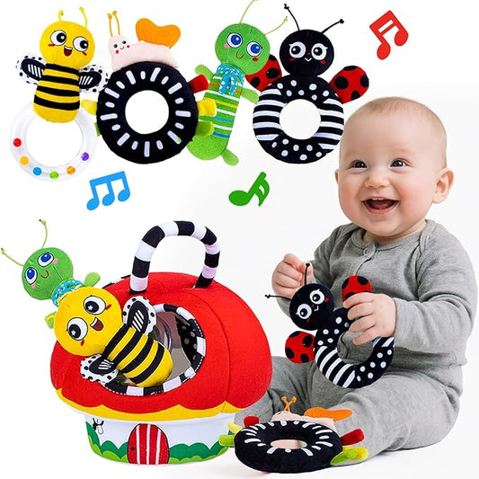 Baby Rattle Toys, Infant Soft Stuffed Animal Rattles Set - Sensory Development Toys, Baby Toys Stuffed Animals Soft Crinkle Sensory Handbells Baby Rattles, Soft Busy Toys for Toddlers Boys Girls