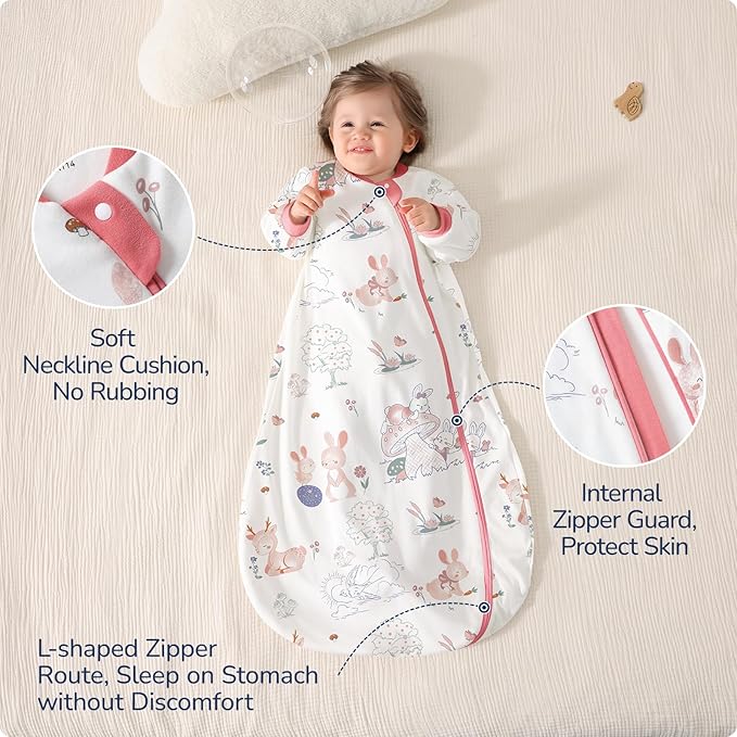 Baby Sleep Sack 6-12 Months, Cotton Detachable Long Sleeve Sleep Sack, 1.0 Tog Toddler Sleeping Sack with Temperature Strips, 2-Way Zipper Wearable Blankets for Newborns, Bunny
