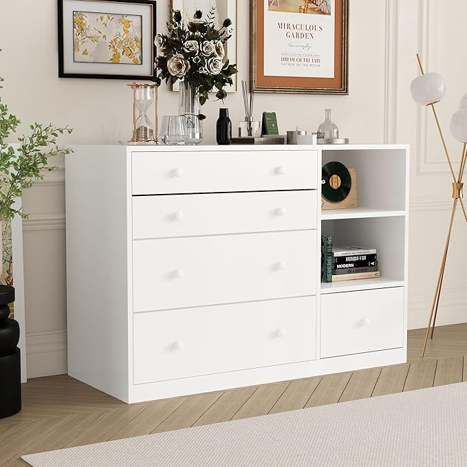 Changing Table Dresser, Baby Classic Nursery Dresser with 5 Drawers and 2 Shelves, Multi-Functional Baby Changing Table, Diaper Changing Station for Children's Room, White