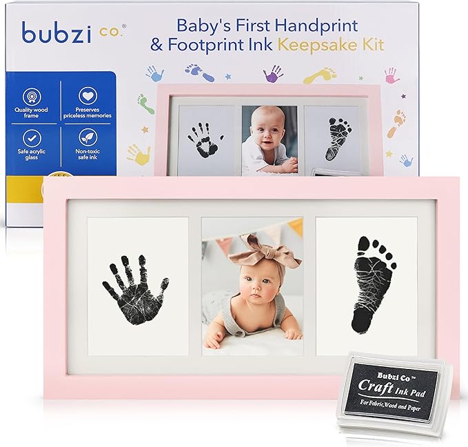 Bubzi Co Baby Handprint Kit & Footprint Photo Frame for Newborn Girls and Boys, Unique Baby Shower Gifts Set for Registry, Memorable Keepsake Decorations for Room Wall or Nursery Decor (Ballet Pink)