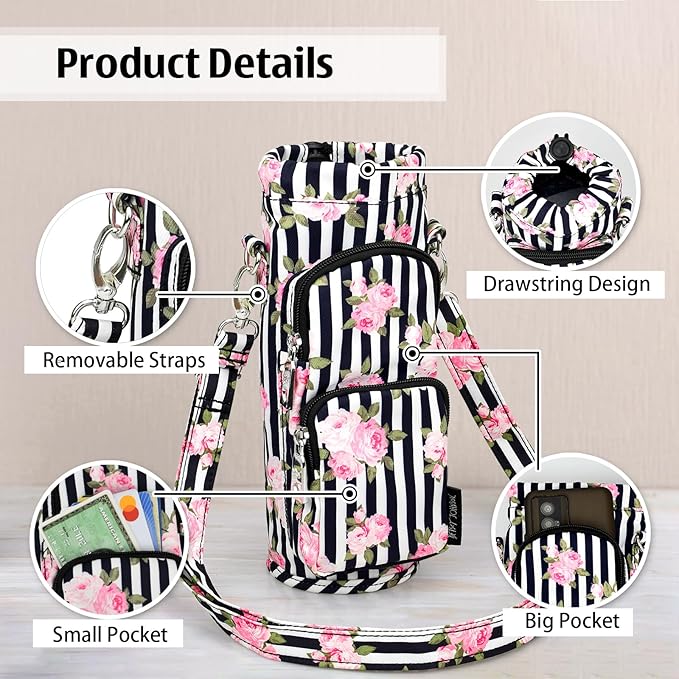 Betsey Johnson Insulated Water Bottle Pouch Holder Carrier Crossbag with Adjustable Shoulder Strap - Lightweight Polyester Accessories with Pockets Good for Hiking Sports
