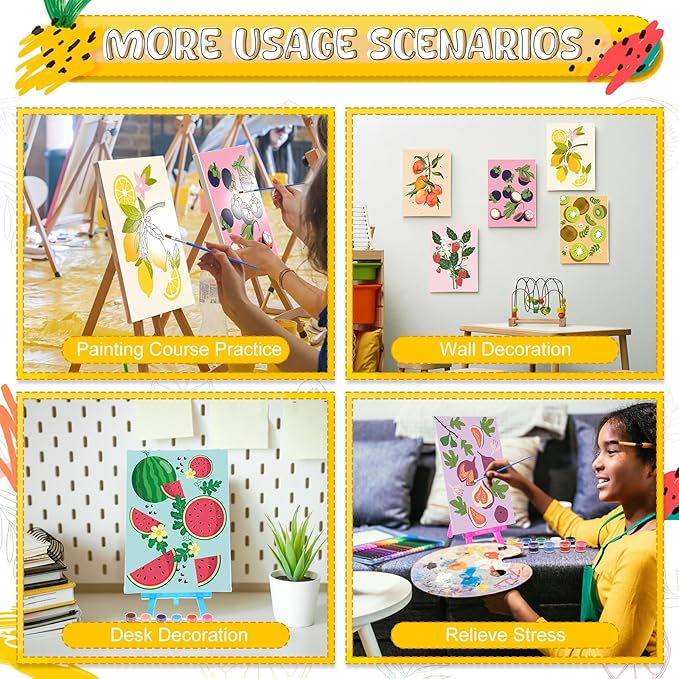 Blosssound 10 Set Pre Printed Canvas Pre Drawn Canvas Painting with Easel Kits 5" x 7" Outline Painting Panels for Beginners, DIY Craft Project, Party Favor, Home Decors(Fruit)