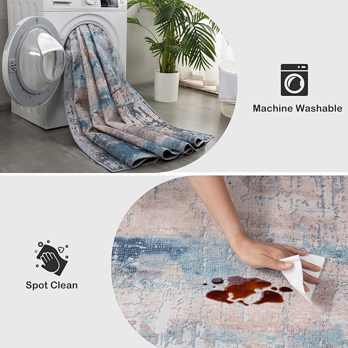 Area Rug Living Room Rug, 5x7 Modern Abstract Washable Rug Beige Blue Non Slip Foldable Faux Wool Vintage Carpet, Fluffy Non-Shedding Rugs for Living Room, Bedroom, Dining Room, Kids Playroom