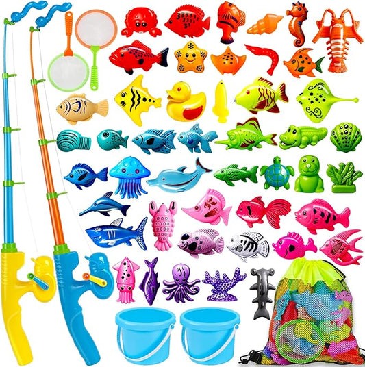 CozyBomB™ Magnetic Fishing Toys Game Set for Kids | Water Table Bathtub Kiddie Pool Party & Pole Rod Net, Plastic Floating Fish Toddler Color Ocean Sea Animals Birthday Age 3 4 5 6 Year