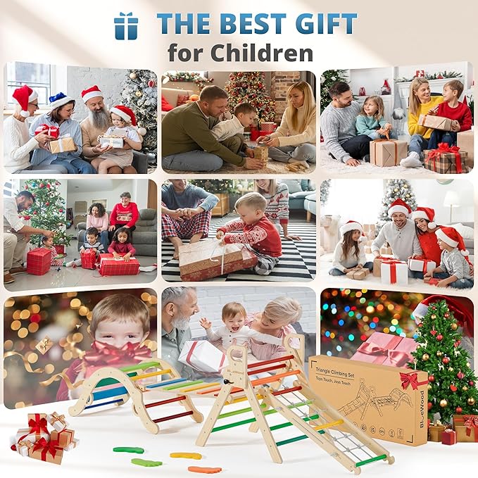 BlueWood 10-in-1 Pikler Triangle Set, Toddler Climbing Toys Indoor, Montessori Climber, Baby Jungle Gyms with Arch, Extra Rope Ladder & Footprint Balance Beam - Neon Aurora