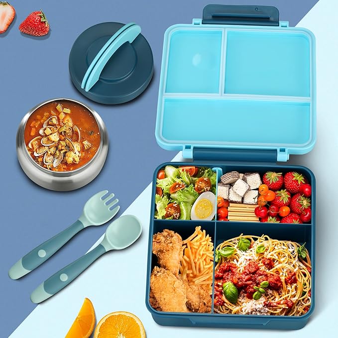 Bento Lunch Box for Kids with 8oz Soup Thermo&Lunch Bag, Leak-Proof Lunch Food Containers with 4 Compartment, Hot Food Insulated Food Jar for Kids School (Blue)