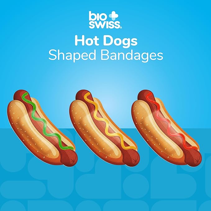 BioSwiss Bandages, Hot Dog Shaped Self Adhesive Bandage, Latex Free Sterile Wound Care, Fun First Aid Kit Supplies for Kids, 50 Count