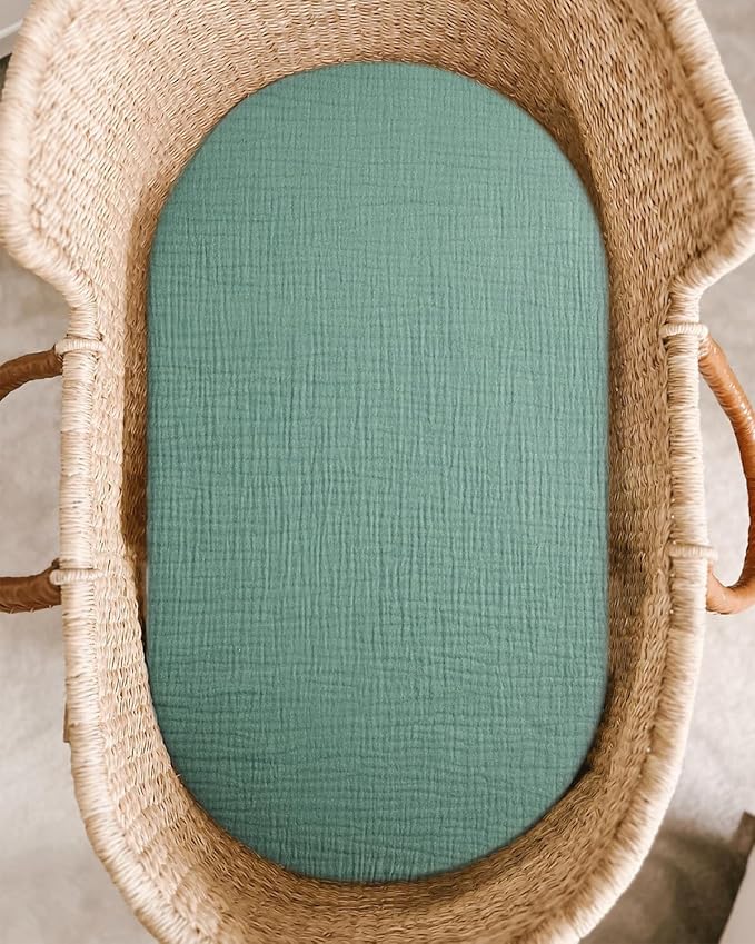 Bassinet Sheet for Baby Boy and Girl, Fitted Sheets for Rectangle, Oval, Hourglass Bassinet Mattress, Muslin Moses Basket Sheets with Neutral Style (Roman Green)