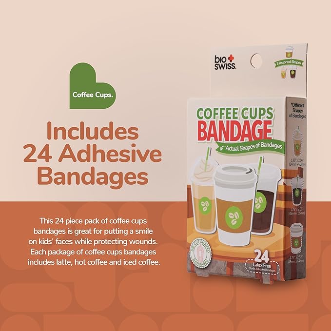 BioSwiss Bandages, Coffee Cup Shaped Self Adhesive Bandage, Latex Free Sterile Wound Care, Fun First Aid Kit Supplies for Kids, 24 Count