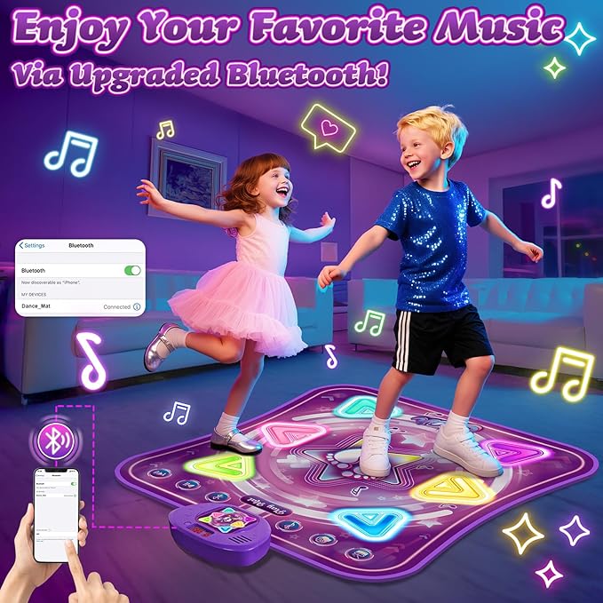 Dance Mat for Kids, Light-up 6-Button Dance Pad with Wireless Bluetooth & 5 Game Modes, Toddler Electronic Dance Mats Musical Dancing Toys Christmas Birthday Gifts for Boys Girl Aged 3 4 5 6 7 8 9 10+