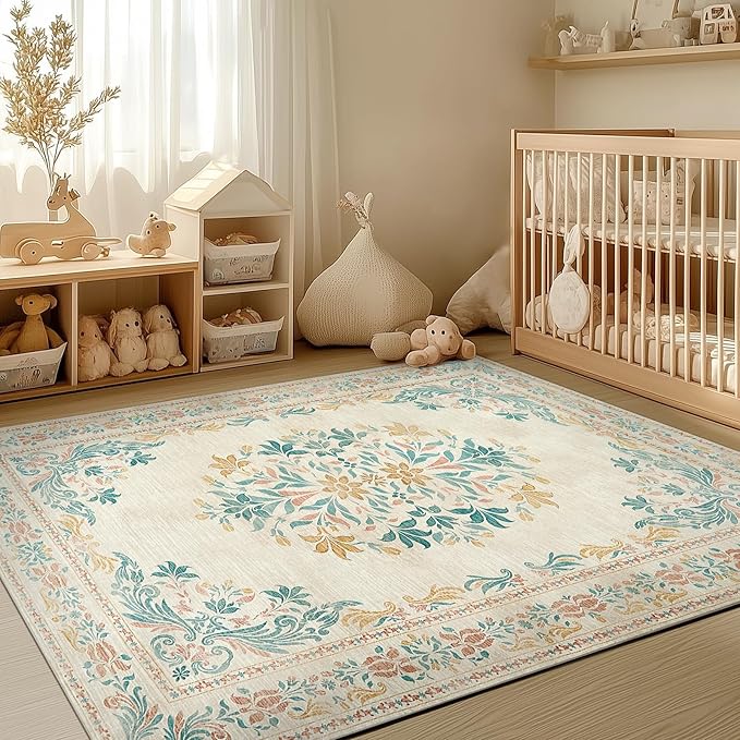 jinchan Vintage Floral 6x9 Area Rugs for Living Room - Machine Washable Distressed Design Soft Throw Rug Ultra-Thin Non-Slip Large Carpet for Bedroom Nursery Dining Room Home Office (6x9ft,Apricot)