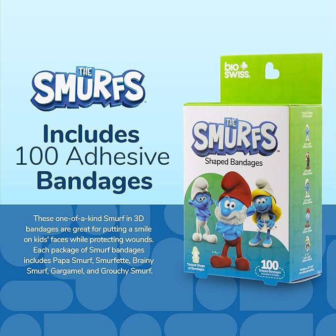 BioSwiss Bandages, The Smurfs Shaped Self Adhesive Bandage, Latex Free Sterile Wound Care, Fun First Aid Kit Supplies for Kids and Adults, 100 Count Box