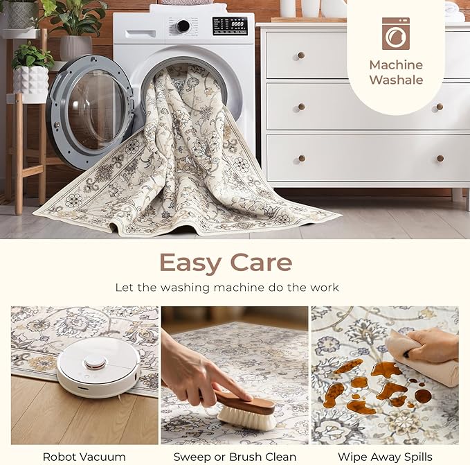6x9 Area Rug for Living Room & Bedroom, Washable Non-Slip Vintage Rugs, Neutral Floral Soft Carpet, Low Pile Wool Carpets for Indoor Dining Home Office Playroom Under Table, Beige