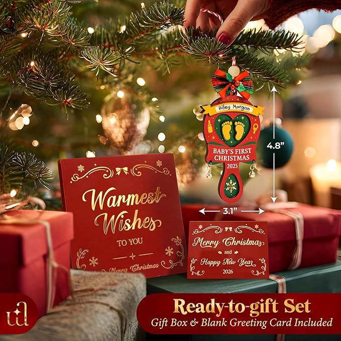 Baby First Christmas Ornament 2025 for Girl Boy - Baby's 1st for Parents, Rattle Newborn Ornament Keepsake Babys First Xmas Ornaments for Xmas Tree Decorations