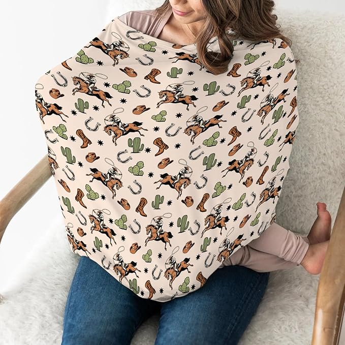 Country Western Car Seat Cover for Baby Cowboy Hat Boots Horse Cactus Stretchy 5-in-1 Covers Adjustable Car Canopy Breastfeeding Cover Wild West Desert Breathable Nursing Cover-Up
