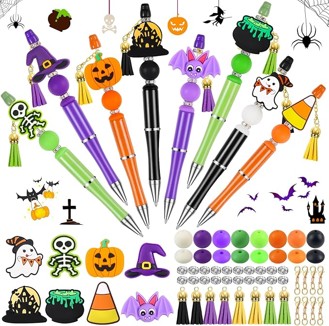 CZWZ Halloween Beadable Pens, Plastic Beadable Pens with 8 Pcs Multicolor Silicone Beads, Halloween Pumpkin Bat Skull Ghost Witch Hat Pens for Halloween Gifts Office Supplies
