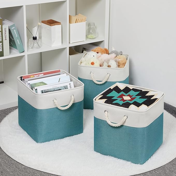 Bidtakay Fabric Baskets for Closets Shelves Lined Set of 3 Large Square Collapsible Storage Bins for Organizing 13 X 13 Cube Storage Bins for Pantry Organization Storage(Teal Blue)