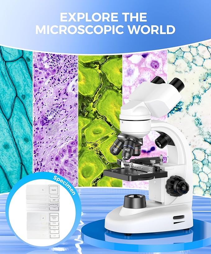 Compound Binocular Microscope for Kids & Students, 40X-2000X Magnification, Microscope Kit with Slides & Specimens, Lab Equipment for School Biology Class & Home Science Experiments