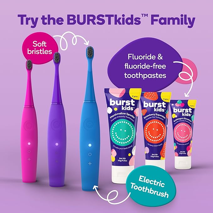 Burst Kids & Toddlers Electric Toothbrush (Purple) | Soft Bristles | Two Minute Timer | Rechargeable Battery | Easy-Grip Silicone Handle | 2 Modes for Healthy Smiles | Ages 3+