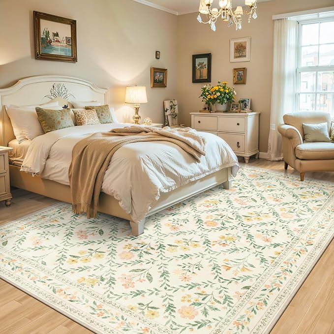 6x9 Area Rugs for Living Room: Floral Washable Rug Vintage Large Soft Boho Non-Slip Carpet Indoor Stain Resistant Thin Carpets for Bedroom Dining Room Farmhouse Nursery Hallway Home Office Beige/Multi