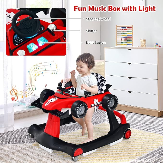 HONEY JOY 4-in-1 Baby Walker, Activity Push Walker w/3 Adjustable Heights, Smooth Wheels w/Adjustable Speed, Padded Seat, Music & Light, Foldable Car Walker for Baby Boys Girls Age 6 Months+ (Red)