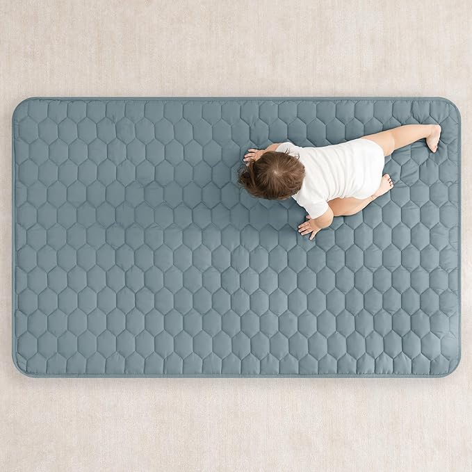 Comfy Cubs Rectangle Kids Play Mat - Small 36 x 60 inches Soft Quilted Baby Floor Mat with Non-Slip Bottom - Plush Design for Toddlers' Playtime and Relaxation - Comfortable and Durable - Pacific Blue