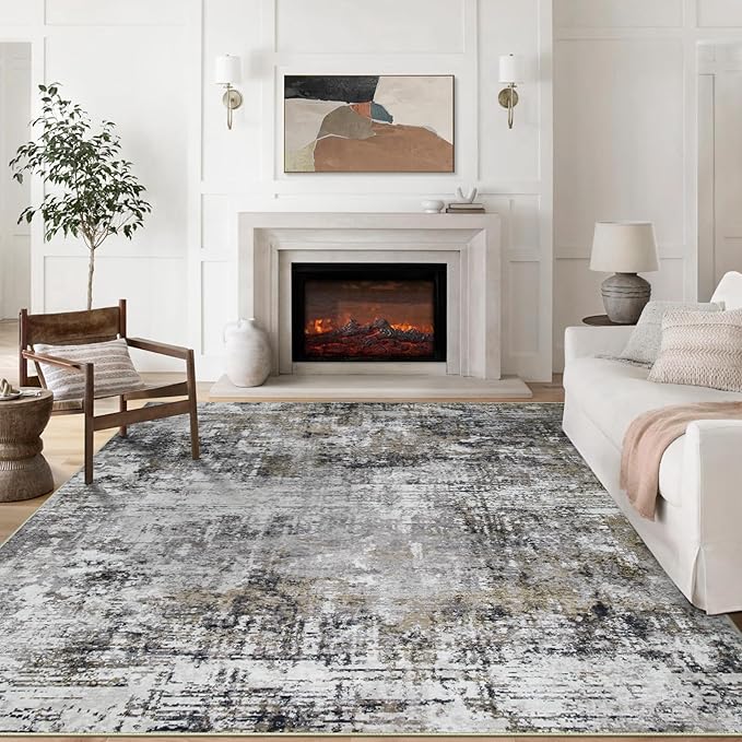 8x10 Area Rugs for Living Room Rug Washable: Modern Large Rug for Dining Room Bedroom Carpet Non Slip 8 by 10 Indoor Abstract Nursery Home Office Black Gold
