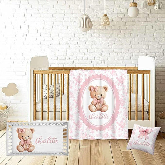 Custom Name Baby Girl Crib Bedding Set – Personalized 3-Piece Bear with Pink Bow Nursery Set with Soft Blanket, Fitted Crib Sheet & Pillowcase – Infant Toddler Bedding Gift for Newborn