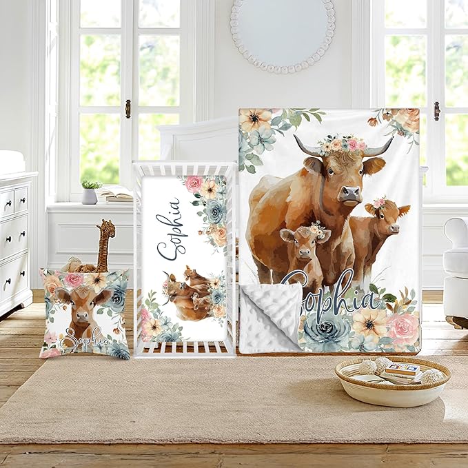 Custom Crib Bedding Set - Highland Cow Design Personalized Name Baby Nursery Bed 3 Pcs Set - Chic Soft Blanket with Dotted Backing, Sheet, Pillowcase for Newborn Girls Boys Gifts Color03