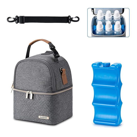 Breastmilk Cooler Bag with Ice Pack Fits 6 Baby Bottles up to 9 Ounce, Breast Milk Pump Cooler Bag with Shoulder Strap for Nursing Mom Daycare, Work, Travel- Dark Grey