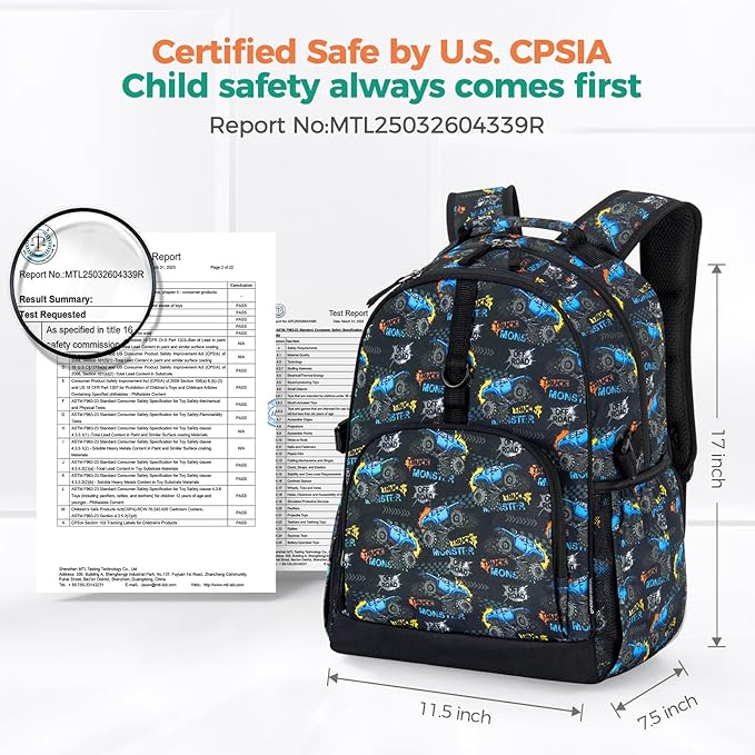 Choco Mocha Lightning Backpack for Boys, Elementary School Backpack for Boys Ages 6-8 Kids Kindergarten Backpack Bookbag 17 Inch with Chest Strap, Black