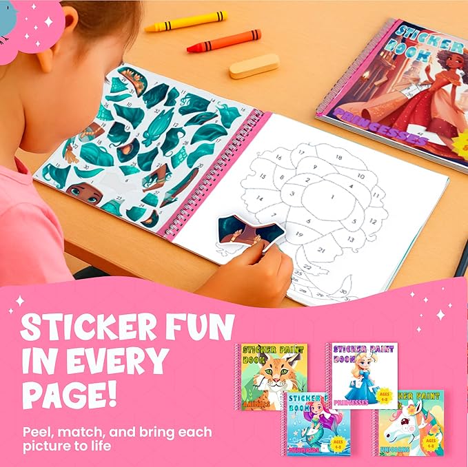 BulbaCraft 4Pcs Sticker Paint Books for Girls - Sticker Books by Number with Mermaids, Princesses, Animals and Horses - Coloring Activity for Kids