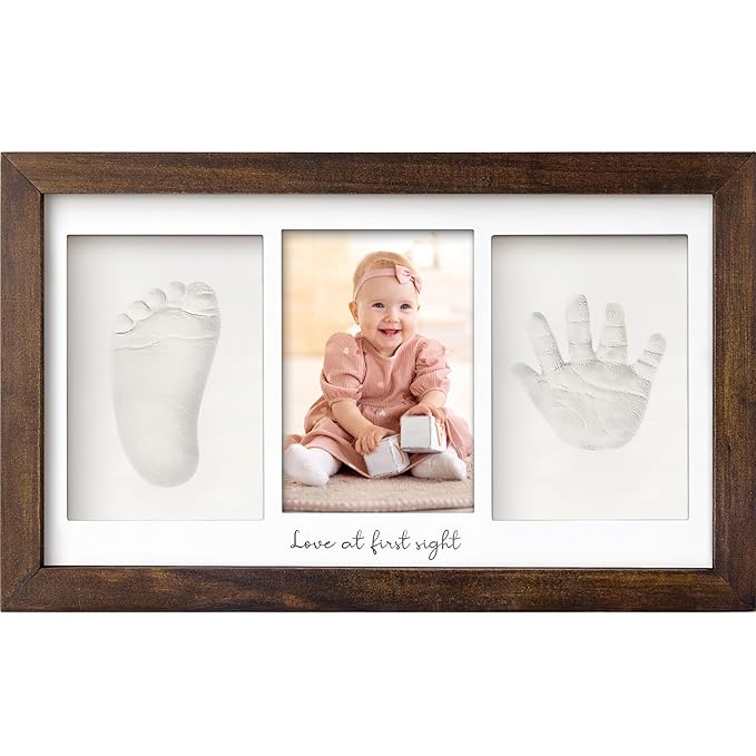 Baby Hand and Footprint Kit - Clay Handprint Keepsake Frame, Newborn Nursery Picture Frame, Personalized New Mom Gifts for Baby Shower & Registry (Dark Walnut)