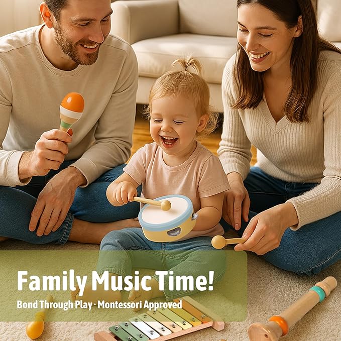 Baby Musical Instruments - Wooden Montessori Toys for Toddlers 1-3, Baby Musical Toys Percussion Instruments Set with Xylophone Tambourine, Neutral Preschool Educational Baby Toys for Boy Girls Gifts