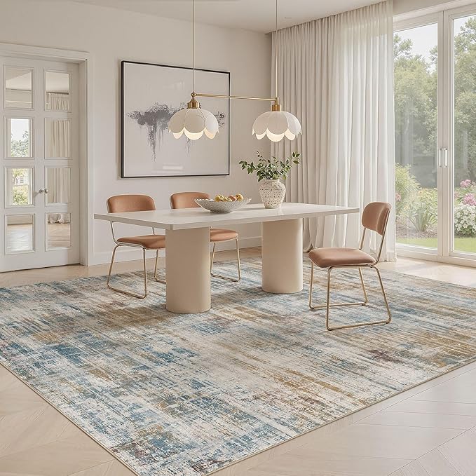 Area Rug for Living Room: 10x12 Washable Neutral Abstract Modern Soft Rugs Non Slip Indoor Floor Stain Resistant Large Carpet for Bedroom Dining Room Office Nursery - Blue Brown