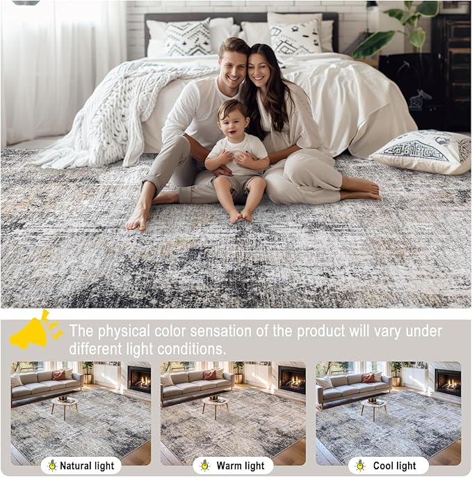 Area Rugs Living Room Rug - 5x7 Washable Modern Abstract Soft Neutral Non-Slip Carpet Large Indoor Floor Thin Carpets for Bedroom Dining Room Farmhouse Nursery Home Office Brown Black Grey