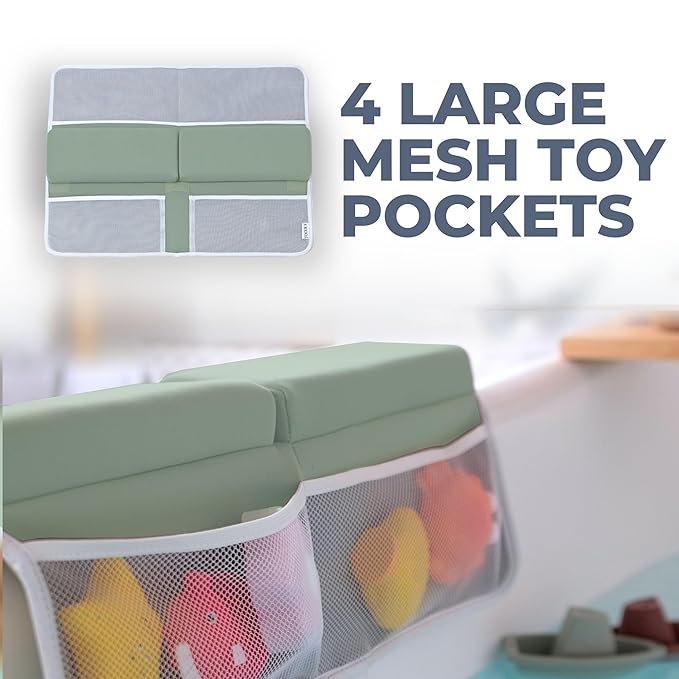 Comfortable Baby Bath Kneeler and Elbow Rest Pad Set – Thick Memory Foam Bath Kneeling Pad with Elbow Support – Baby Bathtub Cushion with Toy Organizer for Bathing Infant or Toddler - Green